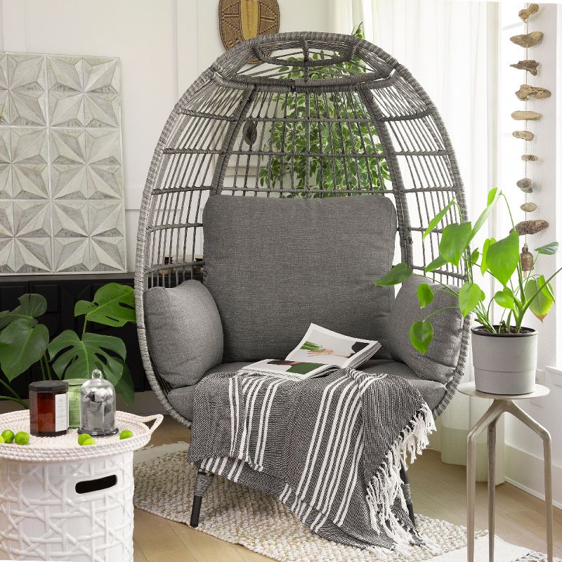 Oversized Egg Chair Style Wicker Chair with Canopy & 4 Cushions -Grey, 2 of 7