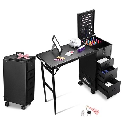 Byootique Rolling Manicure Table with 4 Storage Foldable Nail Station Desk for Beauty Salon Makeup Artist Manicurist Hairstylist