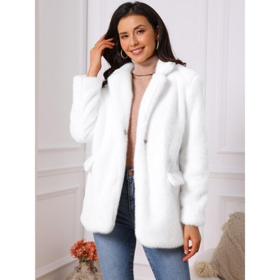 INSPIRE CHIC Women's Faux Fur Winter Open Front Notch Lapel Long Sleeve Fluffy One Button Coat White X-Large — фото 4