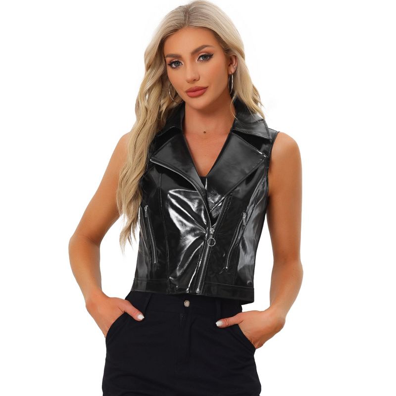 Allegra K Women's Metallic Faux Leather Lapel Collar Zip Sleeveless Cropped Vest, 1 of 6