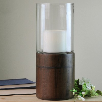 Clear Glass Hurricane Candle Holder with Dark Wood Base