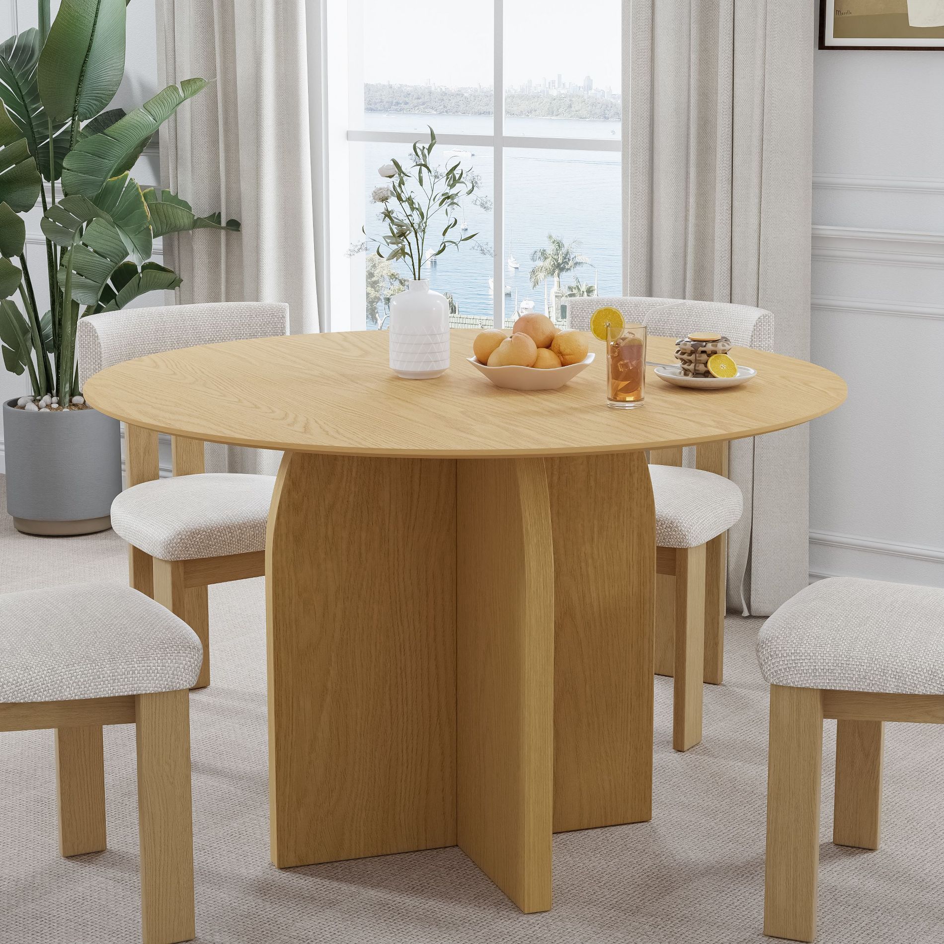 PexFix 45 in.W x 30 in.H Soild Wood Dining Table for 4-6 Round Modern Farmhouse Kitchen Tables with Cross Arched Legs for Kitchen Living Room Natural