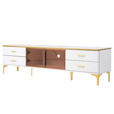 PDTEND Stylish LED TV Stand with Marble-veined Table Top for TVs Up to 78'', White