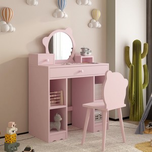 Kids Vanity, 2 In 1 Princess Makeup Desk & Chair Set with Drawers, Storage Shelves, Toddler Dressing Table, Pretend Play Vanity Set for Little Girls - 1 of 4
