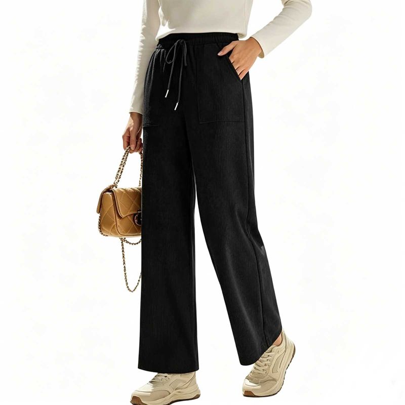 Women's Ribbed Corduroy Wide Leg Pants, Elastic Drawstring High Waist Straight Leg Trousers with Patch Pockets Black L