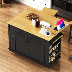 Rolling Kitchen Island Cabinet with 2 Bar Stools, Mobile Storage Cart with Outlet for Kitchen or Dining Room – The Pop Home - 1 of 4