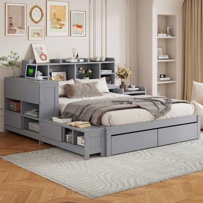 Full Size Platform Bed with Desk and USB Ports, Bed with Headboard Storage and Nightstand, Storage Bed with Drawers, Wood Frame Bed-Baofuwish
