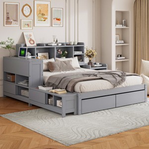 Full Size Platform Bed with Desk and USB Ports, Bed with Headboard Storage and Nightstand, Storage Bed with Drawers, Wood Frame Bed-Baofuwish - 1 of 4