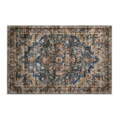 Vintage Distressed Area Rug, Large Machine Washable Rug for Living & Bedroom, Non-Slip,Stain Resistant Oriental Medallion Floor Carpet,Blue-Brown