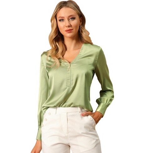 Allegra K Women's Elegant Satin Shirt Long Sleeve Office Work Blouses Tops  Green Large