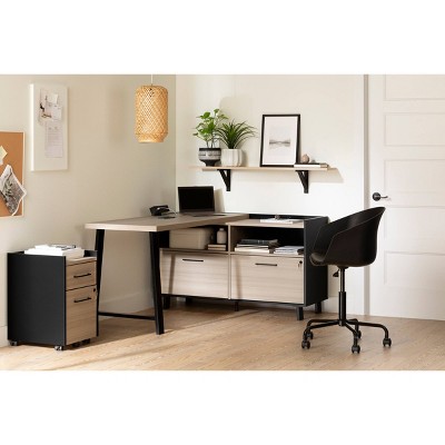 Soft Elm and Matte Black L-Shaped Computer Desk with Power Outlet