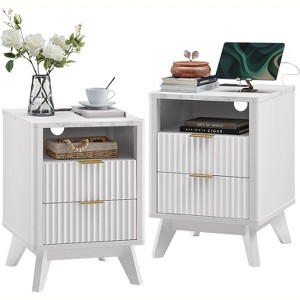 18" Modern Fluted Nightstand with Charging Station, Side Table with Faux Marble Top for Bedroom, Living Room - 1 of 4