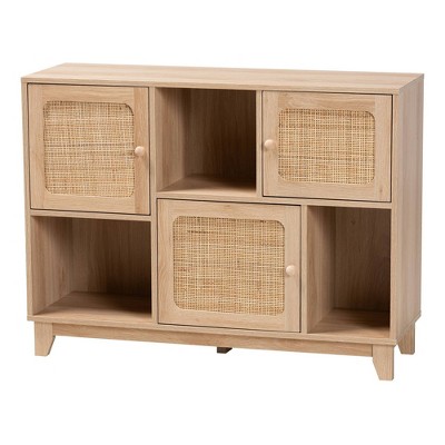 Elsbeth Light Brown Wood and Rattan 3-Door Sideboard