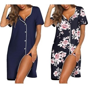 Ekouaer Nightgowns for Women 2 Pack Button Down Sleepshirt Short Sleeve Nightshirt Soft Sleepwear V Neck Pajama Dress - 1 of 4