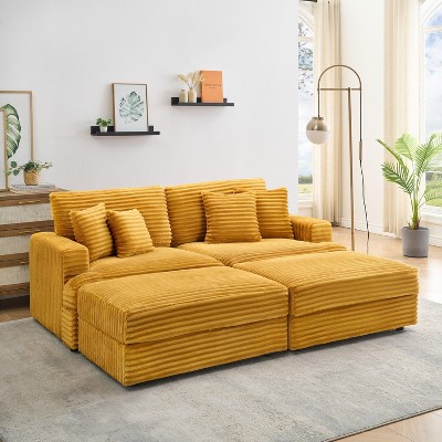 CENGHU 82 Inches Corduroy Sofa, Sectional Sofa, two Storage Feet +4 Throw Pillows, L Shaped Sofa Couches for Living Room, Office