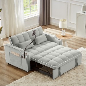 54'' Velvet Foldable Adjustable Back Sofa Bed with USB Port, Swivel Phone Stand, and Ashtray - 1 of 4