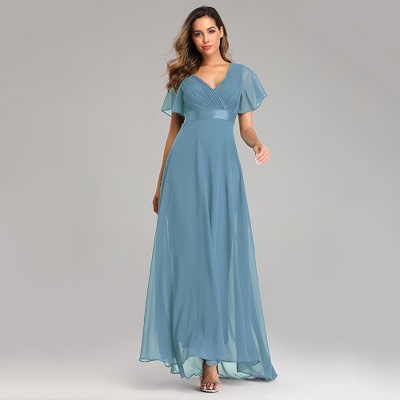 Nmoder  Plus-Size Double V-Neck Bridesmaid Dress with Flared Sleeves & Elastic Waist for Evening Parties.M.Blue