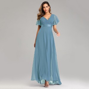Nmoder  Plus-Size Double V-Neck Bridesmaid Dress with Flared Sleeves & Elastic Waist for Evening Parties - 1 of 4