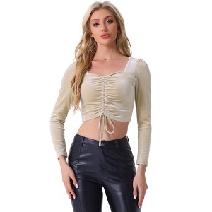 INSPIRE CHIC Women's Velvet Drawstring Sweetheart Neck Puff Long Sleeve Party Crop Top - 1 of 4