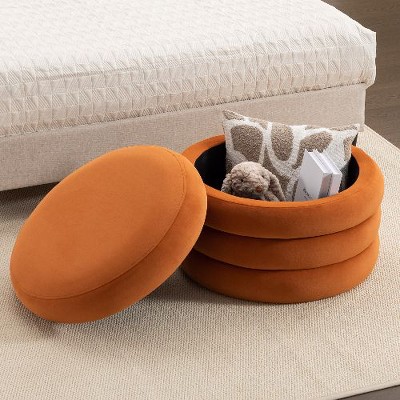 Sapphtopaz Velvet Upholstered Ottoman Bench, Footstool with Soft Cushion and Wood Frame, Round Ottoman, Entryway Padded Footstool, Footrest Stool