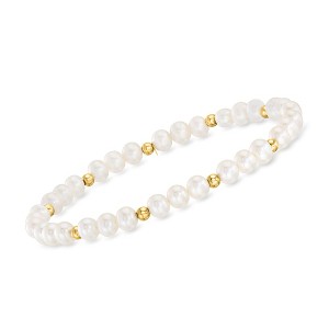 Pure Collection by Ross-Simons 4-5mm Cultured Pearl and 14kt Yellow Gold Bead Stretch Bracelet - 1 of 4