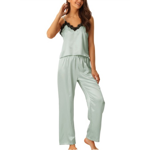 cheibear Womens Satin Lounge Lace Trim Cami Tops with Pants Sleepwear  Pajamas Sets Blue Medium