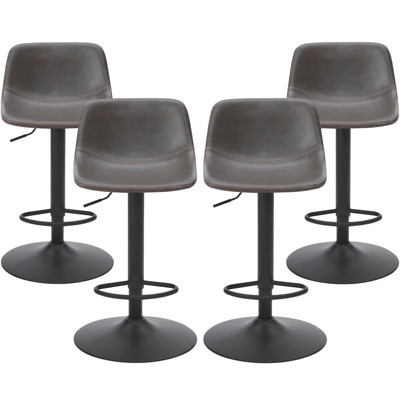 Set of four brown adjustable swivel bar stools with round bases