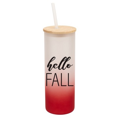 Elanze Designs Hello Fall Autumn Season Wrap-Around Design 25 Ounce Frosted Gradient Glass On-The-Go Coffee Travel Skinny Tumbler Mug Cup, Bamboo Lid