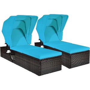 Tangkula 2PCS Rattan Patio Chaise Lounge Chair W/ Adjustable Canopy Turquoise Cushion - 1 of 4
