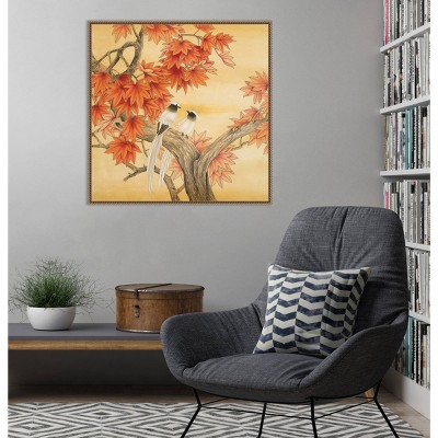Autumn Love Birds Framed Canvas Wall Art with Beaded Perimeter