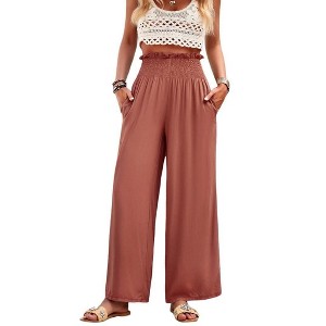 Women Linen Palazzo Pants Summer Boho Wide Leg High Waist Lounge Pants with Pocket Travel Vacation Outfits - 1 of 4