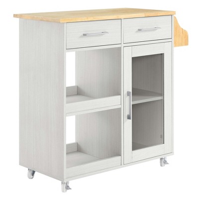 Modway Culinary Rolling Kitchen Cart with Storage in White Natural – 3-Tier Utility Island on Wheels with Spice Rack