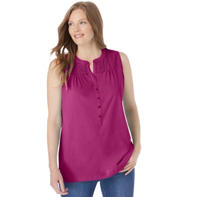Woman Within Plus Size Smocked Henley Tank Top