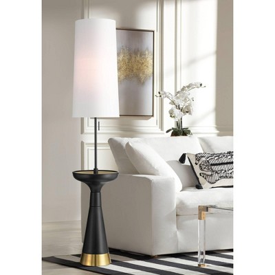 66" Black and Gold Polished Metal Floor Lamp with White Fabric Shade