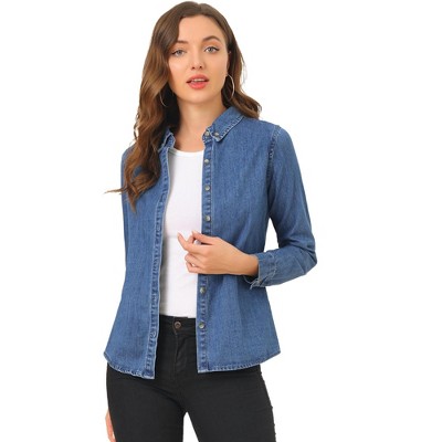 Allegra K Women's Classic Long Sleeve Loose Fit Button Up Denim Shirt