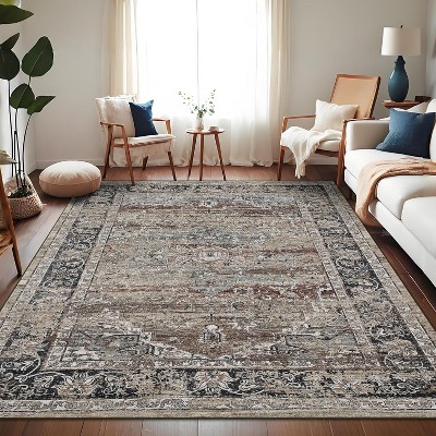 Area Rug - Machine Washable Non-Slip Low Pile Vintage Distressed Print Rug for Living Room, Bedroom, Dining Room & Home Office