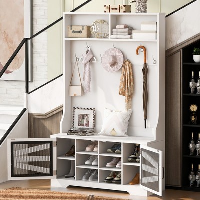 KWPZQEB Hall Tree with Storage Bench, 3-in-1 Hall Tree with 7 Hooks, Barn Door & Shoe Cabinet, Storage Bench with Open Storage for Hallway, Bedroom