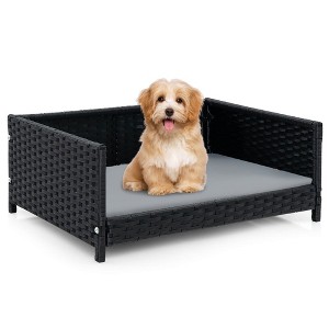 Tangkula Rattan Dog Bed w/ Waterproof Soft Cushion Metal Frame for Medium Small Dogs Cats - 1 of 4