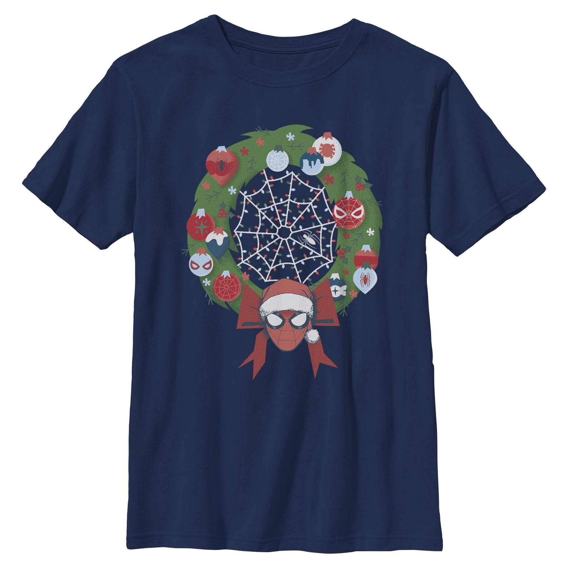 Boys Marvel Christmas Wreath Spidey Ornaments T Shirt - Navy Blue - X Small