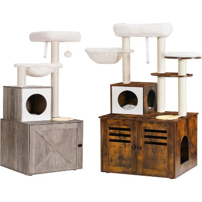 Heybly Cat Tree, Wood Litter Box Enclosure with Food Station