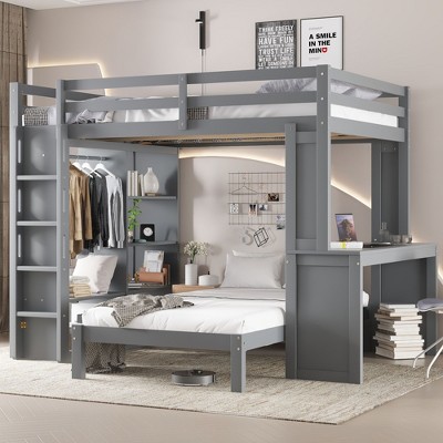 Sapphtopaz Wood Bunk Bed with Dismountable Lower Bed&Desk Versatile Bed Frame with Built-in Shelves&Wardrobe, Loft Bed for Teens