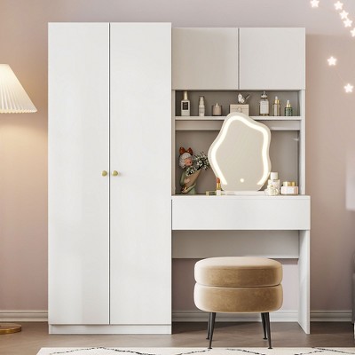 2-Door Wooden Storage Vanity Wardrobe for Bedroom with Makeup Mirror and Drawers, White