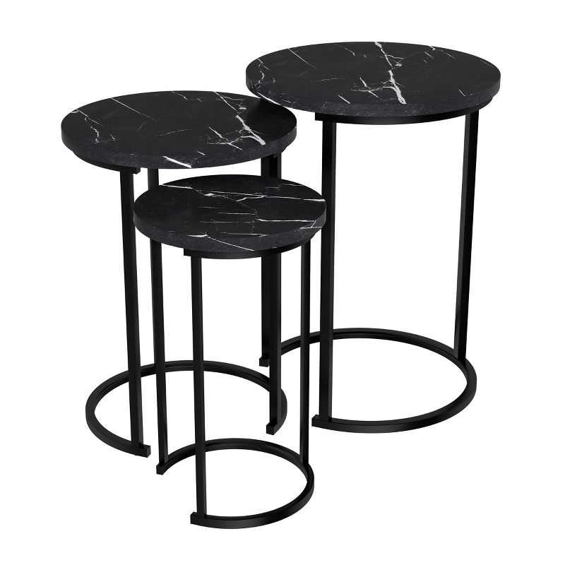 Hasting Home Set of 3 Round Living Room End Tables – Modern Faux Marble Top and Black Metal Base Nesting Tables or Nightstands, 1 of 9