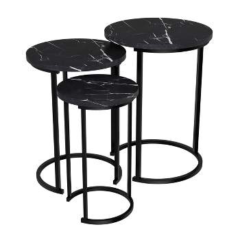 Hasting Home Set of 3 Round Living Room End Tables – Modern Faux Marble Top and Black Metal Base Nesting Tables or Nightstands