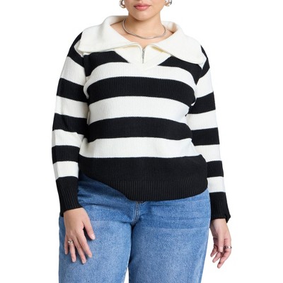ELOQUII Women's Plus Size Striped Quarter Zip Sweater