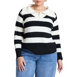 ELOQUII Women's Plus Size Striped Quarter Zip Sweater - 1 of 4