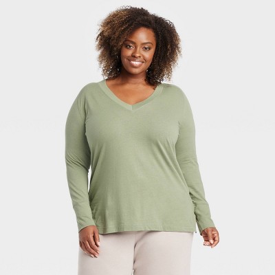 Women's Long Sleeve V-Neck T-Shirt - Ava & Viv™ Sage Green 1X