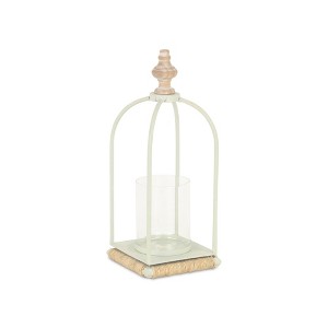 HomeRoots 14" White Metal With Wood And Rope Tabletop Lantern Candle Holder - 1 of 4