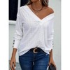 Women's V Neck Lace Up Long Sleeve Drop Shoulder Button Detail Casual T-Shirt - 4 of 4