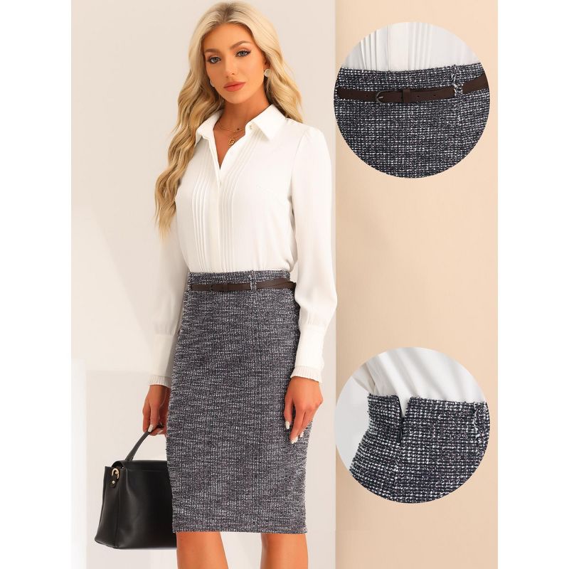 Allegra K Women's Tweed Belt High Waist Slit Back H Line Office Skirt, 2 of 7
